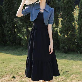 Set: Puff-sleeve Collar Cropped Jacket + Spaghetti-strap Midi A-line Dress