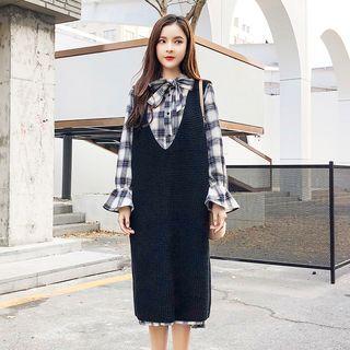 Long-sleeve Tie-neck Plaid Dress / V-neck Vest
