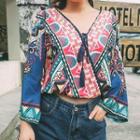 Bell-sleeve Patterned Blouse As Shown In Figure - One Size