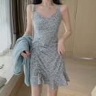 Double-breasted Blazer / Floral Print Spaghetti-strap Mini A-line Dress