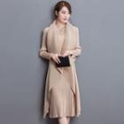 Set: Shirred Short-sleeve Dress + Drape Light Jacket