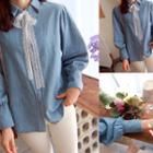 Tie-front Puff-sleeve Denim Blouse Blue - One Size