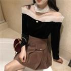 Mesh Long-sleeve Top / High-waist Skirt