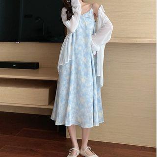 Long-sleeve Chiffon Shirt / Spaghetti Strap Printed Midi A-line Dress