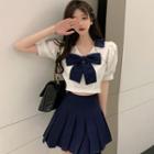 Puff-sleeve Contrast Collar Bow-front Crop Shirt / Pleated A-line Skirt