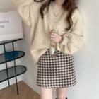 Plain Sweater / Houndstooth Mini A-line Skirt