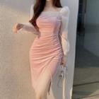 Long-sleeve Side-slit Faux Pearl Sheath Dress