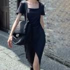 Short Sleeve Square-neck Plain Slit Midi Dress