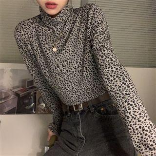 Mock-turtleneck Leopard Print T-shirt Leopard Print - Black & White - One Size