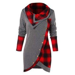 Long-sleeve Plaid Panel Cowl-neck Tunic Top