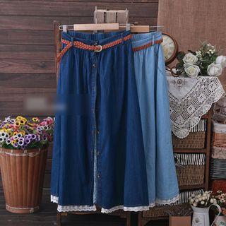 Lace Hem Midi Denim Skirt