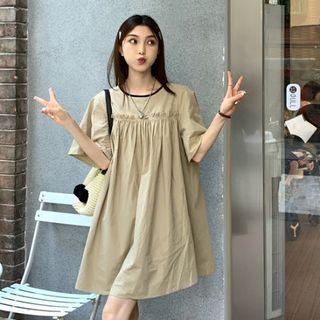 Short-sleeve Two-tone A-line Dress Khaki - One Size