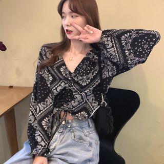 Puff-sleeve Paisley Print Drawstring Blouse