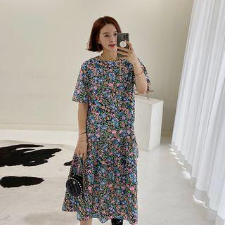 Drop-waist Frilled-hem Floral Dress