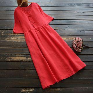 Elbow-sleeve Frog Buttoned A-line Midi Dress
