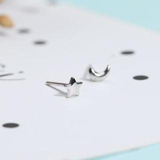 925 Sterling Silver Non-matching Moon & Star Ear Stud