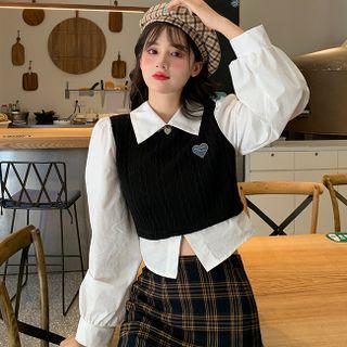 Mock Two-piece Long-sleeve Tie-back Knit Panel Shirt