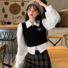 Mock Two-piece Long-sleeve Tie-back Knit Panel Shirt