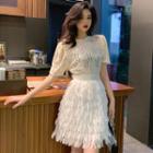 Set Of 2: Lace Short-sleeve Top + Furry A-line Skirt