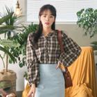 Open-placket Puff-sleeve Plaid Blouse