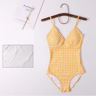 Spaghetti Strap Plaid Swimsuit / Cover-up / Set