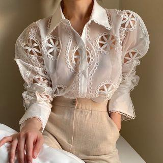 Long-sleeve Floral Cutout Blouse White - One Size