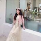 Plain Single-breasted Loose-fit Long-sleeve Cable-knit Cardigan / Plain Crewneck Slim-fit Lace Mesh Long-sleeve Dress