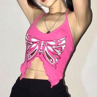 Halter Butterfly Print Crop Camisole Top