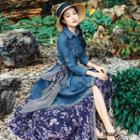 Mock Two-piece Denim 3/4-sleeve Midi A-line Dress