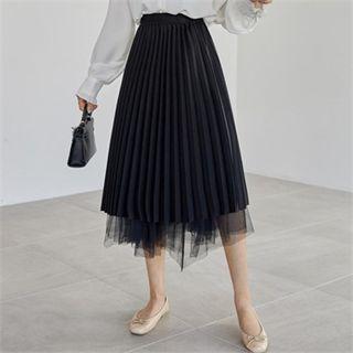 Accordion-pleated Tulle-layered Skirt Black - One Size