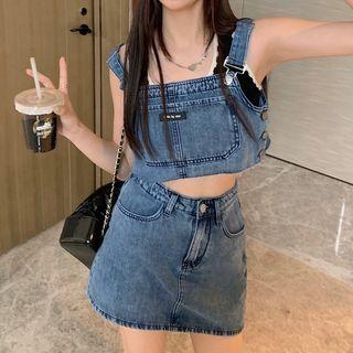 Denim Tank Top / High Waist Denim Mini Skirt