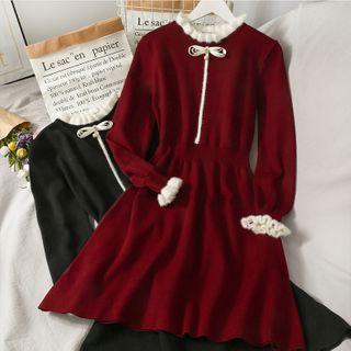 Contrasted Ruffled-edge Knit Midi Dress