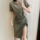 Short-sleeve Plain Drawstring Side-slit Dress Green - One Size