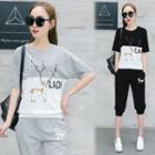 Set: Deer Print Short-sleeve T-shirt + Sweatpants