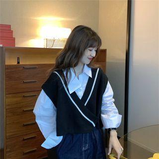 Two-tone Knit Vest + Long-sleeve Plain Shirt