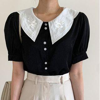 Puff-sleeve Embroidered Collar Blouse / Midi A-line Skirt