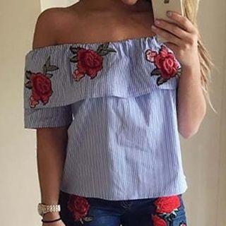 Flower Embroidered Short Sleeve Off Shoulder Top
