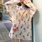 Rose Print Ruffle-hem Mesh Top As Shown In Figure - One Size