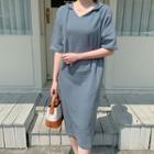 Elbow-sleeve Slit-side Hoodie Dress