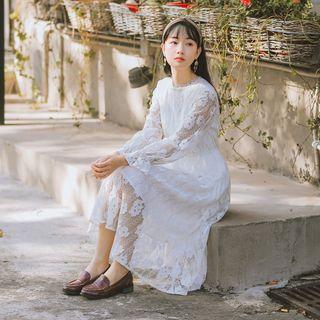 Long Sleeve Gathered-waist Lace Dress
