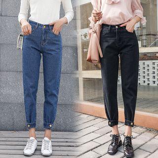 Button Cuff Cropped Baggy Jeans
