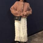 Faux Pearl Button Cardigan / Fringe Midi Skirt