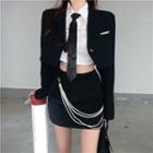 Cropped Blazer / Plain Shirt / Mini Pencil Skirt / Necktie / Beaded Waist Chain / Set
