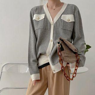 Long Sleeve V-neck Two-tone Pocket Cardigan