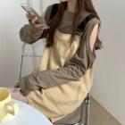 Long-sleeve Cold Shoulder T-shirt / Wide-leg Denim Dungaree Shorts