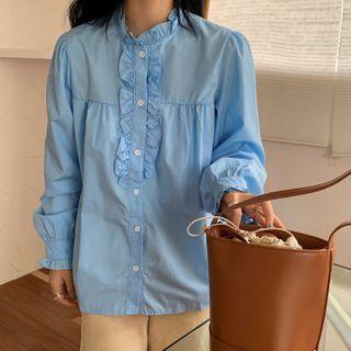 Long-sleeve Ruffle Shirt Blue - One Size
