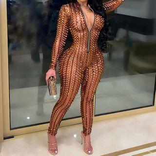 Long-sleeve Stand-collar Skinny Jumpsuit