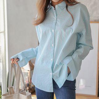 Slit-cuff Striped Cotton Shirt