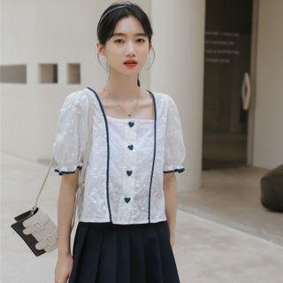 Square-neck Two Tone Embroider Lace Button-up Top
