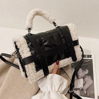 Fleece Panel Top Handle Flap Crossbody Bag